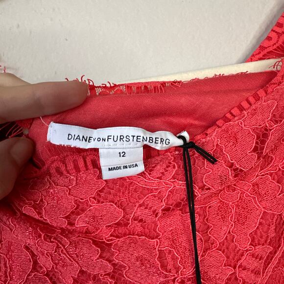DIANE VON FURSTENBERG Zarita Dress Coral Lace Size 12 Mini Sheath Cocktail New - Picture 6 of 9